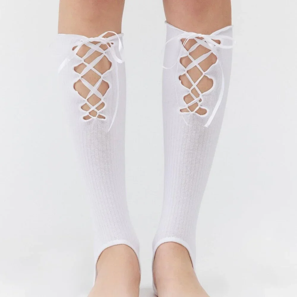 NWT Urban Outfitters Ribbed Lace-Up White Stirrup Leg Warmer Socks
